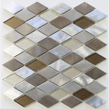 Yaletown Diamond Brushed Aluminum and Glass Mosaic Tile, 12"x12"