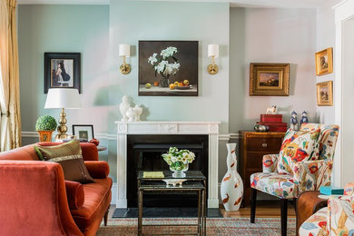 Living room - traditional living room idea in Boston with blue walls