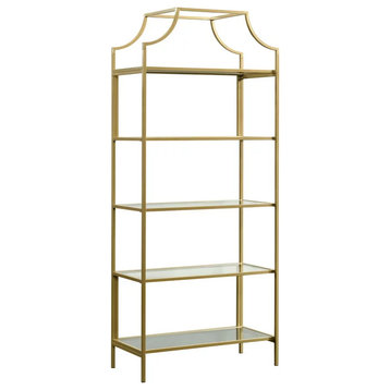 Modern Bookcase, Tall Design & Open Compartments With Glass Panels, Gold