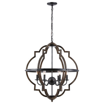 25 in 6-Light Ceiling Light in Distressed Black and Brushed Wood Finish