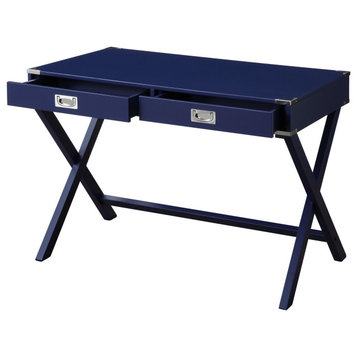 Contemporary Desk, X-Shaped Legs & 2 Drawers With Metal Pull Handles, Navy Blue