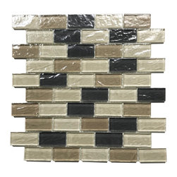 Abolos - Geo 11"x11" Textured Glass Brick Mosaic Tile,Beige/Black, Set of 12 - Mosaic Tile