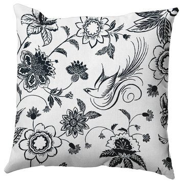 Traditional Bird Floral Polyester Indoor Pillow, Black, 18"x18"