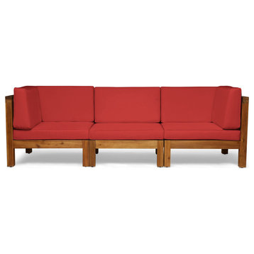 GDF Studio Keith Outdoor 3-Seater Acacia Wood Sectional Sofa Set, Teak/Red
