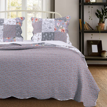 Benzara BM218784 Microfiber Quilt & 1 Pillow Sham Set, Floral Prints, Multicolor