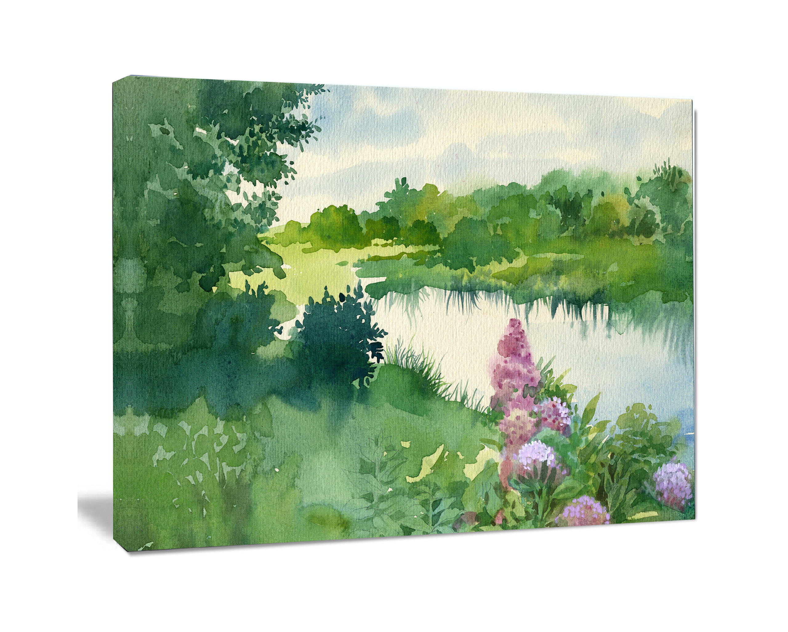 Green Riverside Land Watercolor, Landscape Canvas Art Print, 40