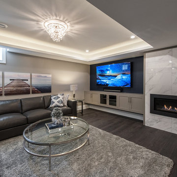 A basement with a hue of blue and sparkle