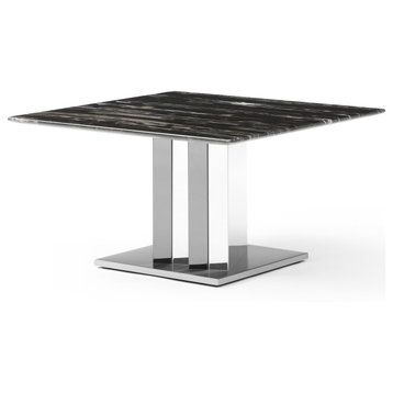 Tulare Black and White Marble End Table with Polished Stainless Steel Base