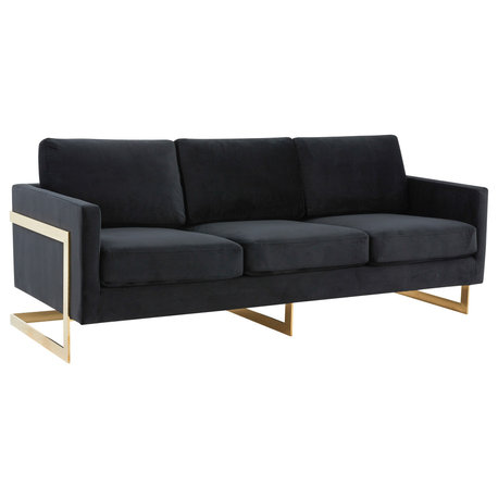 LeisureMod Lincoln Modern Velvet Sofa With Gold Frame, Midnight Black