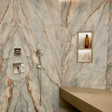 Shower Bench, Lit Niche and Linear Drain