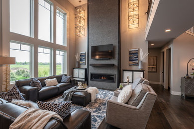 Inspiration for a transitional open concept family room in Other with a standard fireplace and a wall-mounted tv.
