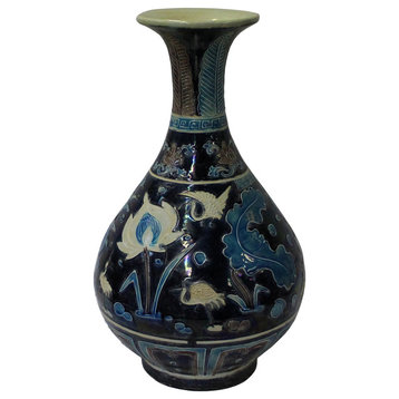 Handmade Ceramic Navy Blue White Dimensional Flower Motif Vase Hcs4617