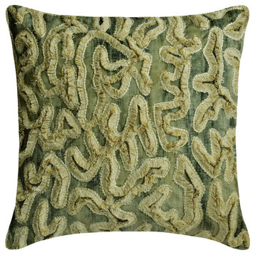 Green Suede Tie and Dye, Lace and Beaded 16"x16" Throw Pillow Cover, Aranya