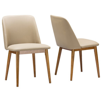 Lavin Midcentury Dark Walnut Beige Faux Leather Dining Chairs, Set of 2