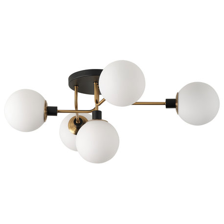 Black 5-Light Semi Flush Mount Ceiling Light With White Glass Shades
