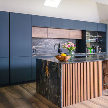 Blue and Oak Handleless Kitchen in Northwood