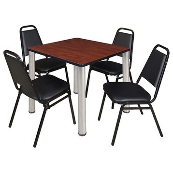 Kee 30" Square Breakroom Table Cherry/Chrome and 4 Restaurant Stack Chairs Black