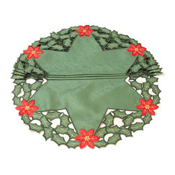 Xia Home Fashions - Holly Leaf Poinsettia Embroidered Cutwork Christmas Doilies, Set of 4 - Placemats