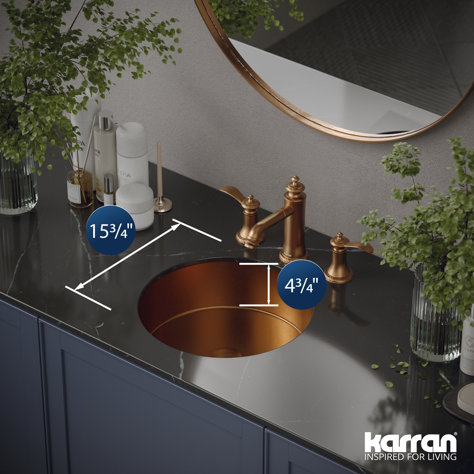 Karran Cinox Stainless Steel Round Undermount Sink, Brushed Copper