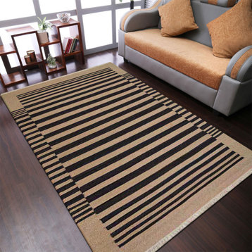 Hand Woven Flat Weave Kilim Wool Area Rug Contemporary Cream Charcoal, [Rectangle] 4'x6'