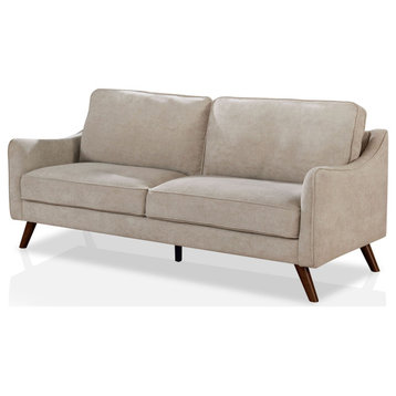 Midcentury Sofa, Angled Black Legs & Padded Gray Chenille Seat With Sloped Arms