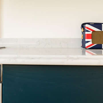 Copper, grey, and blue colour palette for new Kitchen Design