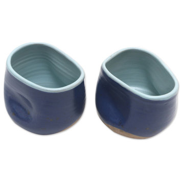 Novica Handmade Indigo Squeeze Ceramic Teacups, Pair