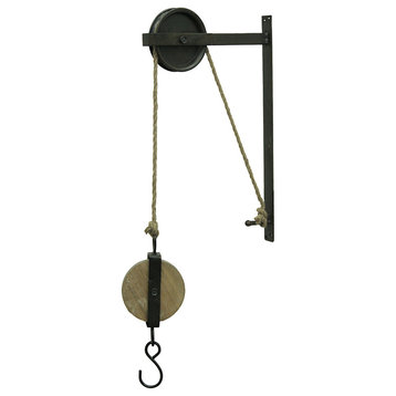 Rustic Vintage Style Metal and Wood Pulley and Hook Wall Hanging