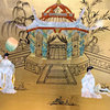 Gold Leaf Oriental Head Board With Mother of Pearl Pagoda Scene, Gold, 74"
