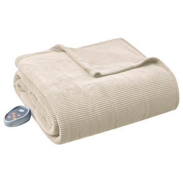 Beautyrest Knitted Micro Fleece Solid Textured Heated Blanket, Beige, Full