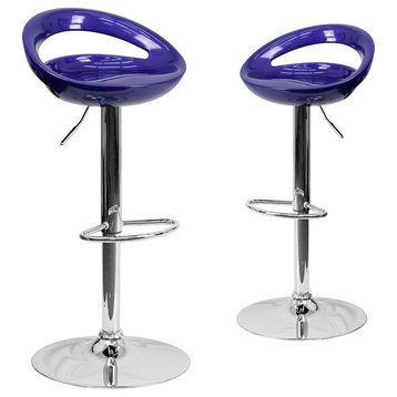 Contemporary Blue Plastic Adjustable Height Barstools With Chrome Base, Set of 2
