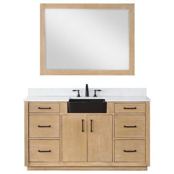 Novago Bath Vanity with Aosta White Countertop and Farmhouse Sink, Weathered Pine, 60s Inch, W/Mirror