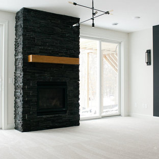 Design ideas for a large modern walk-out basement in Minneapolis with white walls, carpet, a standard fireplace, a stone fireplace surround and white floors.