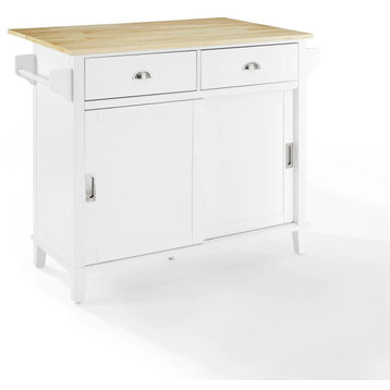 Contemporary Kitchen Island, Large Cabinet With Sliding Doors, White & Natural