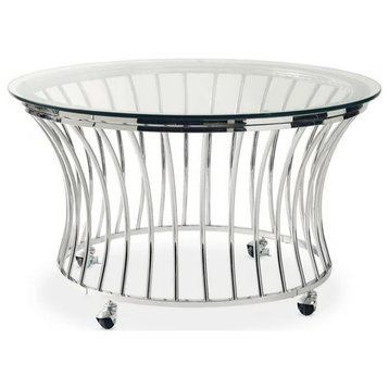 Modern Coffee Table, Curved Design With Round Tempered Glass and Casters, Chrome