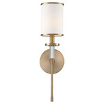 Crystorama - Crystorama HAT-471-VG Hatfield - One Light Wall Mount - With details like steel trimmed round shades and crystal accents, the Hatfield's distinctive look has versatile appeal to suit all style bathrooms and living spaces. ItGs clean, silhouetted features a slim arm and traditional round backplate. The Hatfield is available in Vibrant Gold or Polished Nickel finish Shade Included: Yes Dimable: YesHatfield One Light Wall Mount Aged Brass White Silk Shade Crystal Accents Crystal *UL Approved: YES *Energy Star Qualified: n/a *ADA Certified: n/a *Number of Lights: Lamp: 1-*Wattage:60w Candelabra Base bulb(s) *Bulb Included:No *Bulb Type:Candelabra Base *Finish Type:Aged Brass