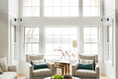 Family room - large transitional open concept carpeted and gray floor family room idea in Bridgeport with white walls, a standard fireplace and a tile fireplace