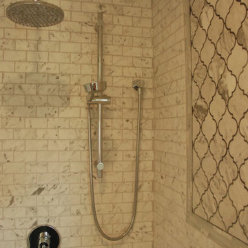 Shower fixtures and marble tortuga tile inset.