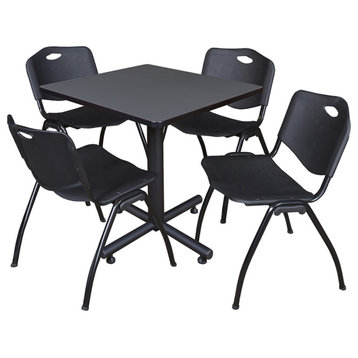 Kobe 30" Square Breakroom Table- Grey & 4 'M' Stack Chairs- Black