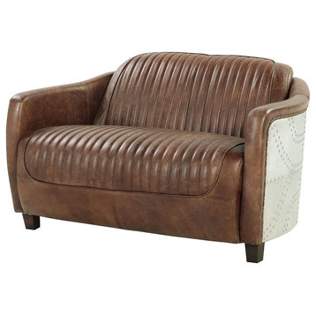 Retro Loveseat, Tufted Grain Leather Seat With Aluminum Exterior Accent, Brown