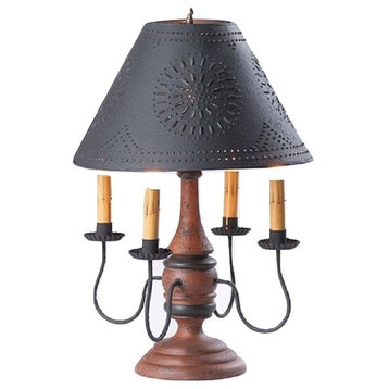 Wood Metal Table Lamp Distressed Paint Finish, Pumpkin, Punched Tin Shade