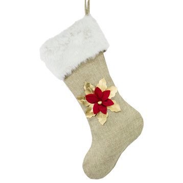 Holiday 3D Poinsettia Christmas Hanging Stocking, 8"x19", Gold and red