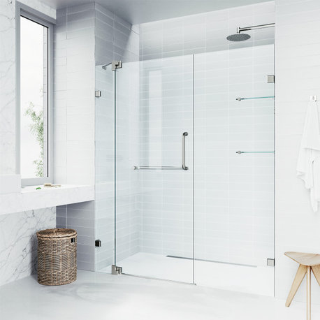 VIGO Pirouette 60" to 66" W x 72" H Frameless Pivot Shower Door, Brushed Nickel, Clear Glass