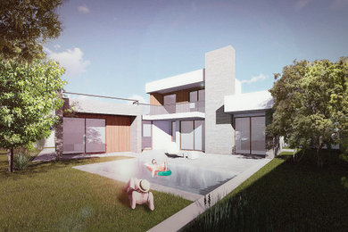 Ejemplo de fachada de casa blanca y gris contemporánea de dos plantas con tejado plano