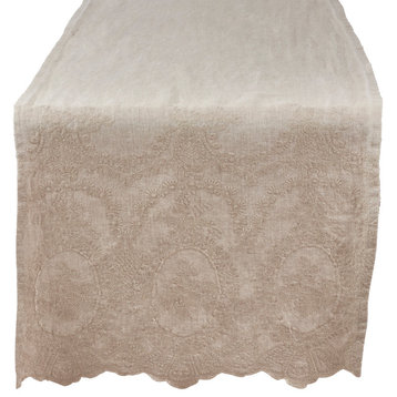 Stonewashed Table Runner With Embroidered Design, Natural