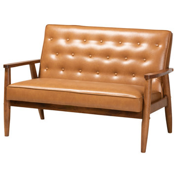 Sorrento Mid-Century Tan Faux Leather and Walnut Wood Loveseat