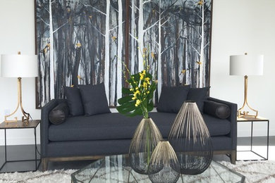 Living room - mid-sized contemporary formal and open concept concrete floor and black floor living room idea in San Francisco with white walls, a ribbon fireplace, a plaster fireplace and no tv