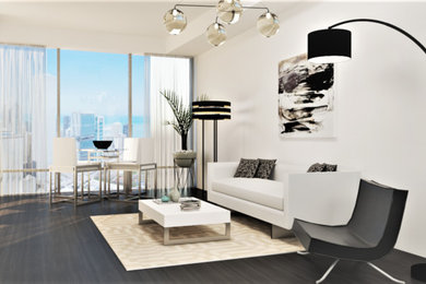 Example of a small minimalist formal dark wood floor and brown floor living room design in Toronto with white walls and a wall-mounted tv