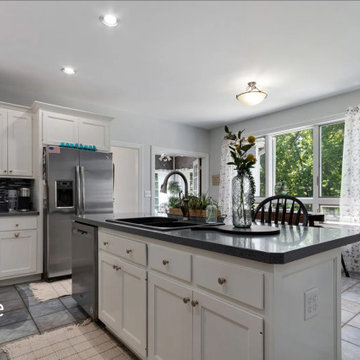 Bright & Timeless Kitchen Reorientation with Fireplace Refresh