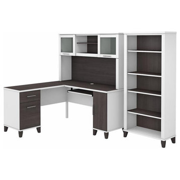 Pemberly Row 60W L Desk with Hutch and Bookcase in White/Gray - Engineered Wood